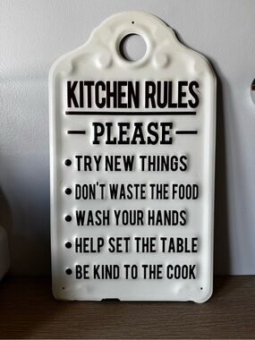 Kitchen Rules Wall Sign - White with Deep Red Text